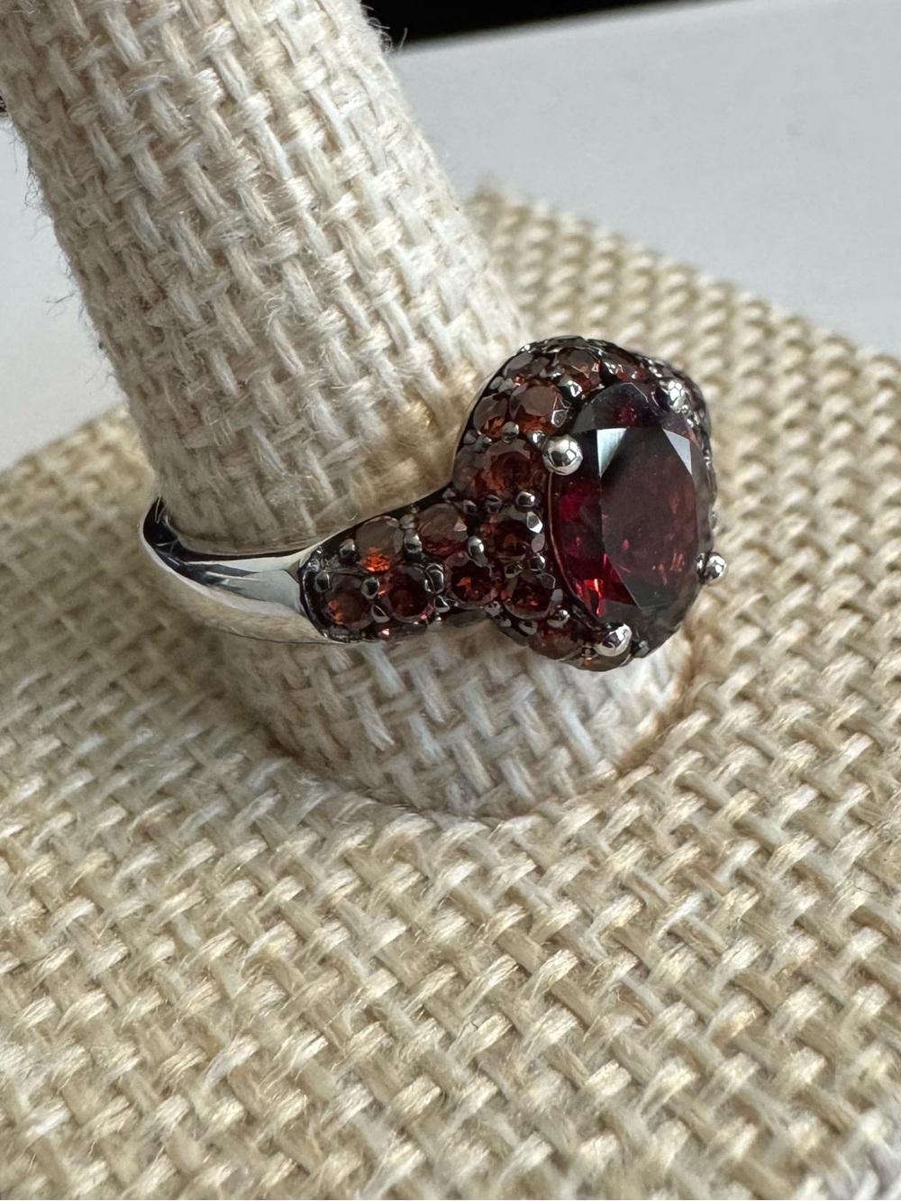 Silver 925 Deep Red Garnet Oval Halo Ring surrounded w/Beautiful Garnet stones